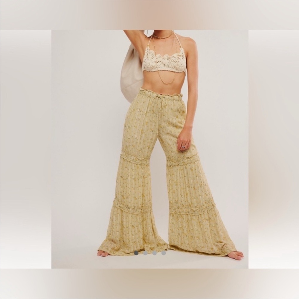 New Free Peoplel Emmaline Tiered Floral Wide Leg Pull-On Pants Sage Comb…